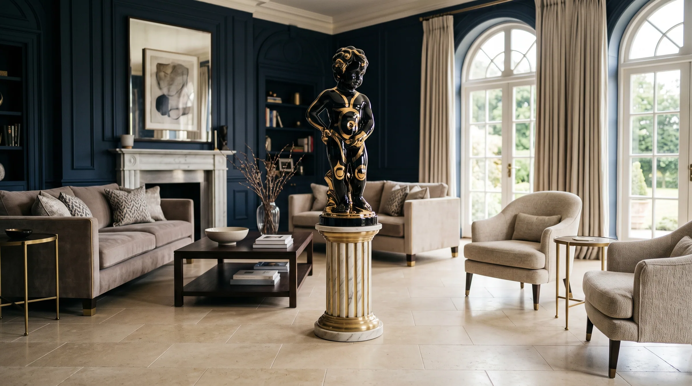 Glanzend zwart-gouden Manneken Pis sculptuur als centerpiece op een marmeren zuil in een luxe woonkamer met marineblauwe lambrisering