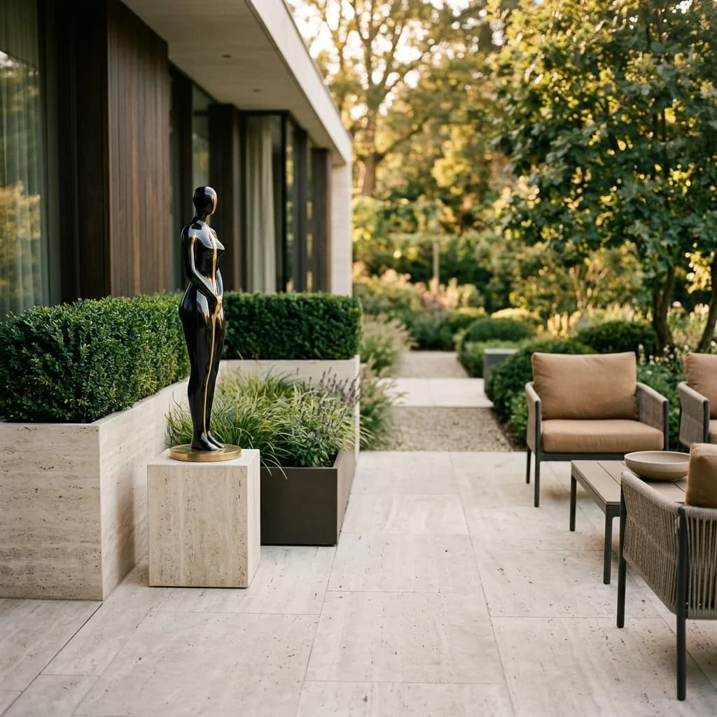 Glanzend zwart-gouden abstracte figuur sculptuur op een travertin sokkel tussen strak gesnoeide buxus op een minimalistisch terras — Fourdomus decoratie voor buiten.