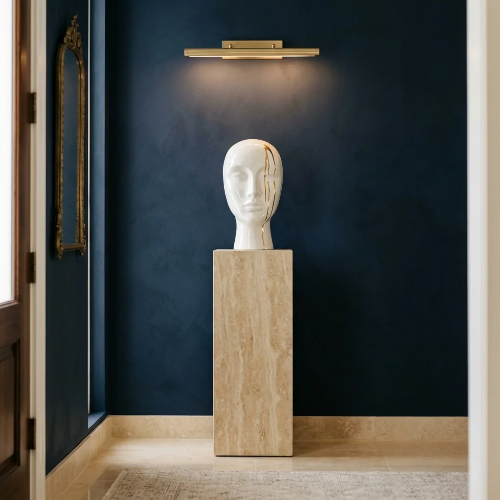 Wit gezicht masker sculptuur met gouden drip-accent op een travertin sokkel tegen een marineblauwe wand, onder messing wandverlichting — Fourdomus decoratie voor een entreehal.