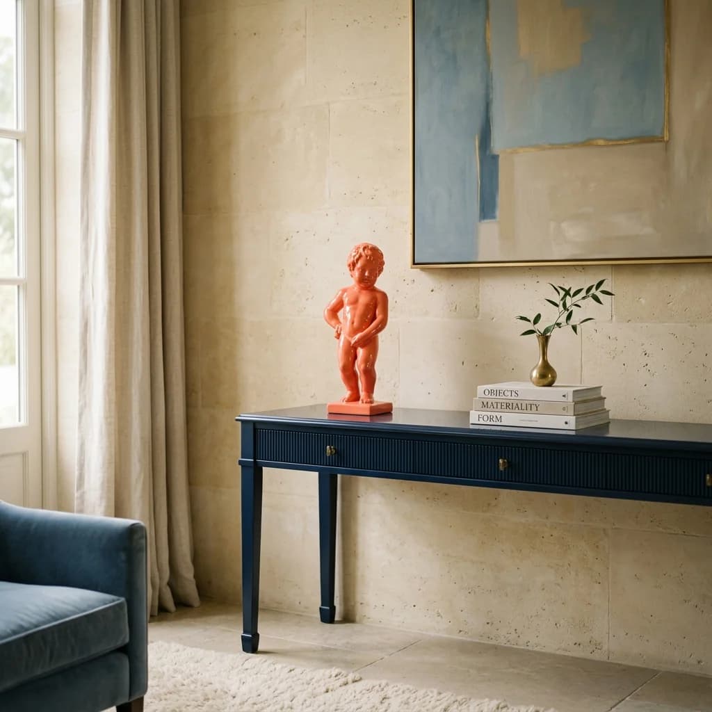 Glanzend koraaloranje fountain-boy sculptuur op een marineblauw consoletafeltje tegen een crème kalkstenen wand — Fourdomus decoratie in een woonkamer interieur.