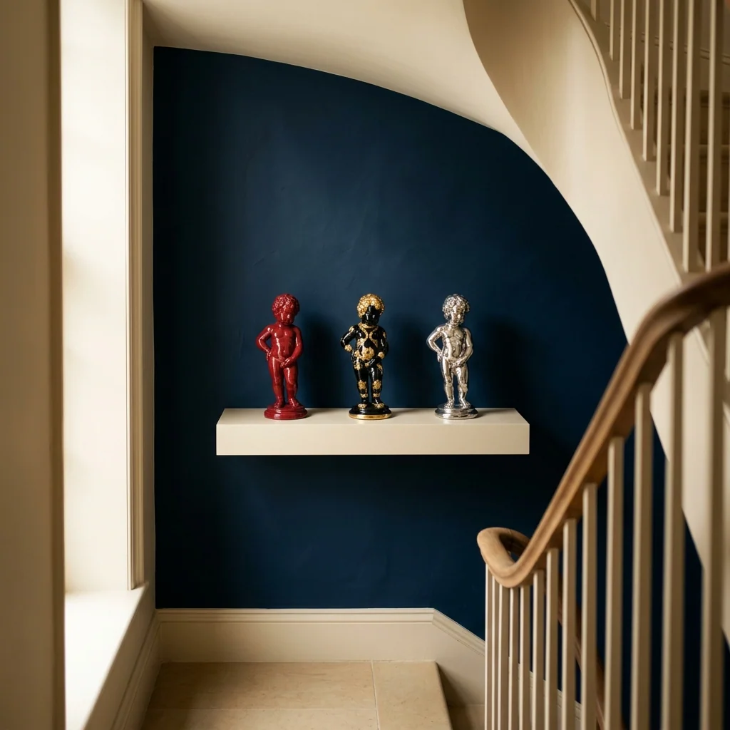 Drie fountain-boy sculpturen in rood, zwart-goud en zilver naast elkaar op een zwevende plank in een marineblauwe trapportaal nis — Fourdomus decoratie als curated collectie.
