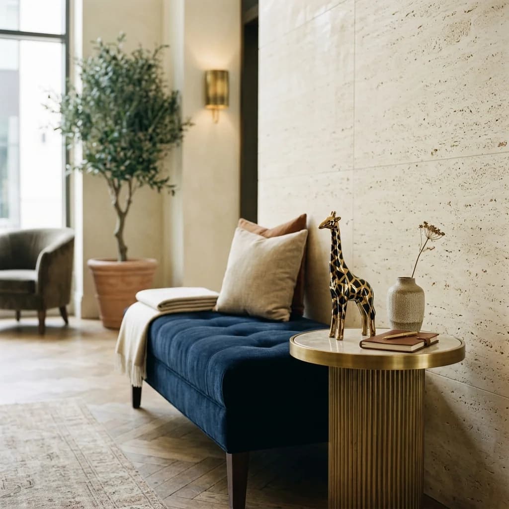 Goud-zwarte giraf sculptuur op een ronde messing bijzettafel naast een marineblauwe fluwelen bank in een boetiekhotel lobby — Fourdomus decoratie voor hospitality interieurs.