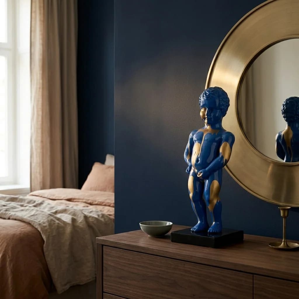Blauw-gouden drip Manneken Pis beeld op een slaapkamer ladekast voor een ronde messing spiegel, tegen een marineblauwe accentwand — Fourdomus decoratie voor een slaapkamer.