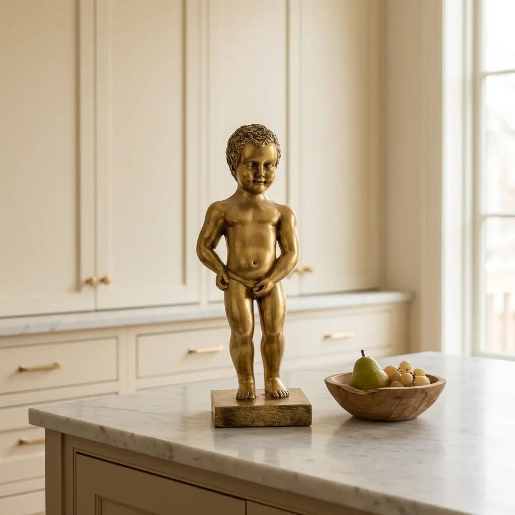 Gouden Manneken Pis beeld op een marmeren keukeneiland naast een houten fruitschaal, met crème kastdeuren en messing grepen op de achtergrond — Fourdomus decoratie voor een keuken.