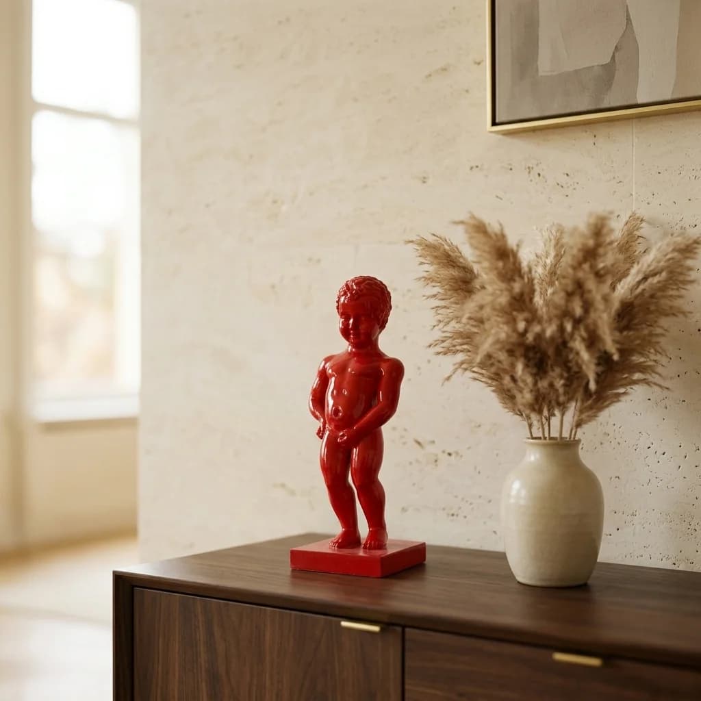 Glanzend rood Manneken Pis beeld op een walnoten dressoir naast een keramische vaas met pampasgras, tegen een crème kalkstenen wand — Fourdomus decoratie voor een eetkamer.