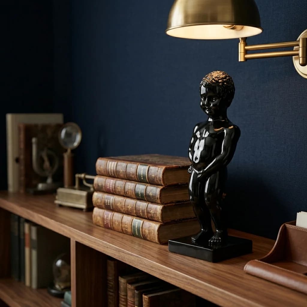 Glanzend zwart Manneken Pis beeld op een walnoten boekenplank naast een stapel gebonden boeken, onder een messing leeslamp — Fourdomus decoratie voor een thuiskantoor of studeerkamer.