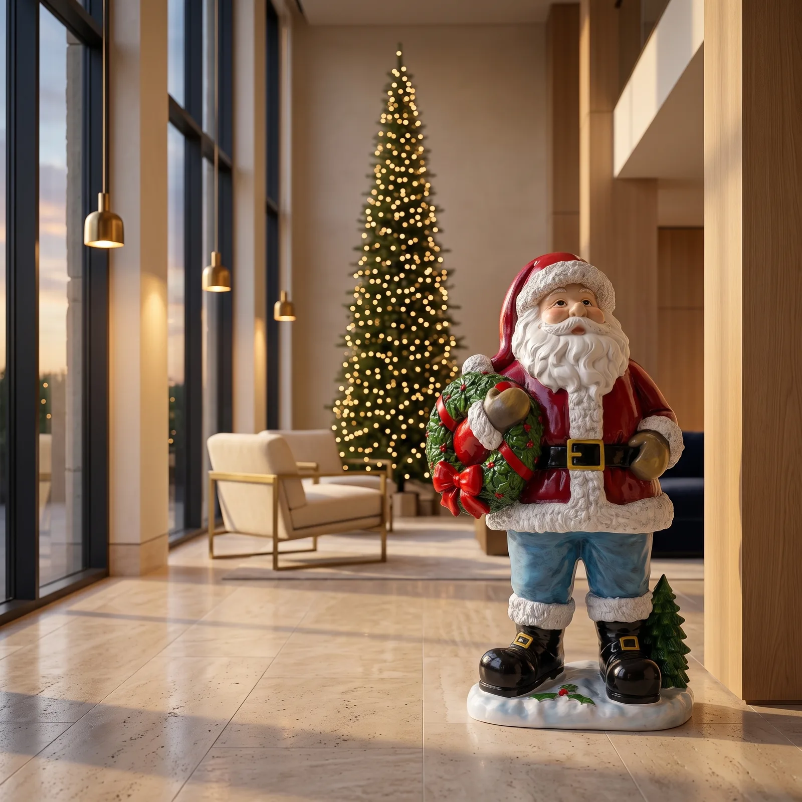Kerstman 93cm – Staand Met Krans Kerstdecoratie — sfeerbeeld in interieur