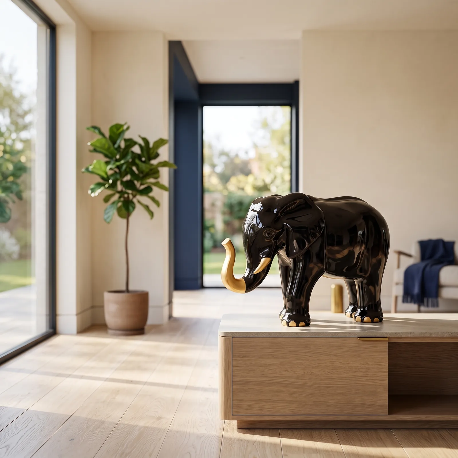 Olifant Beeld 57cm Zwart Goud – Luxe Decoratie — sfeerbeeld in interieur