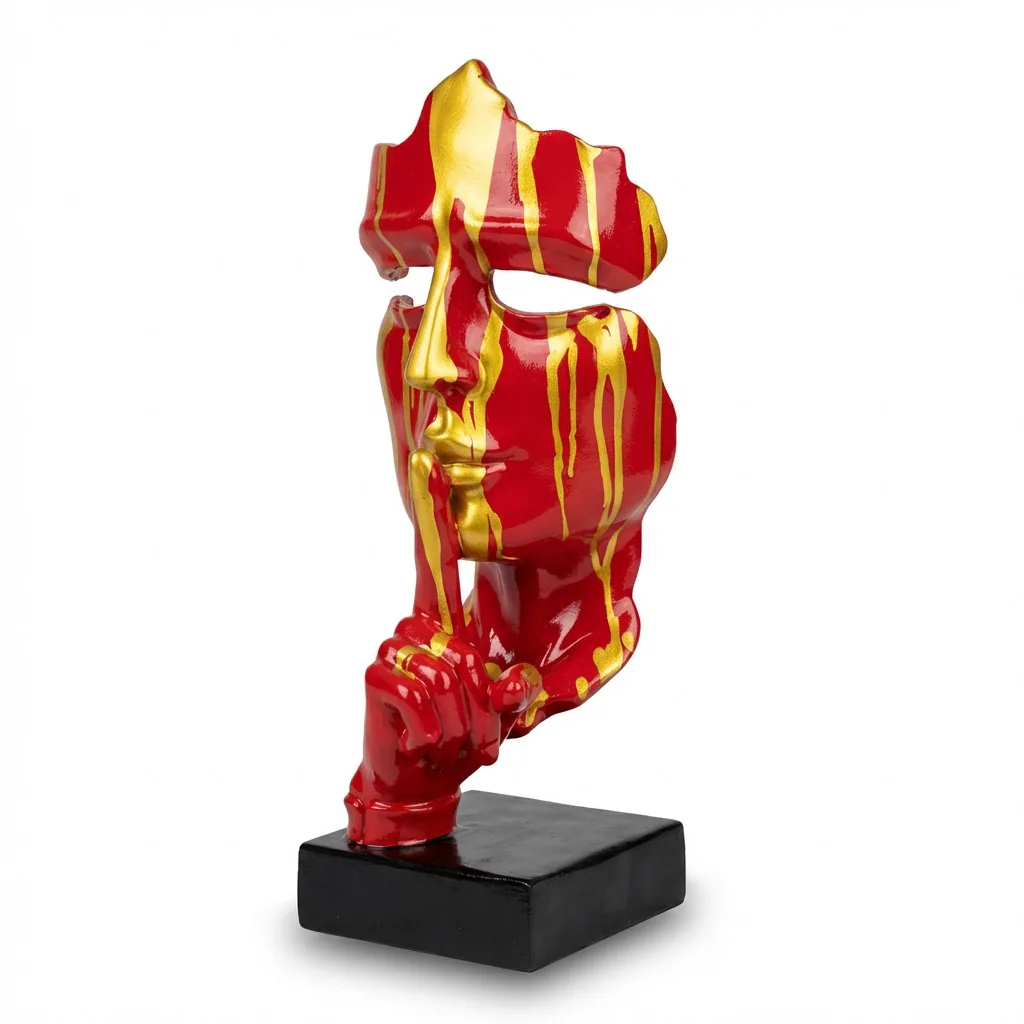 Abstract Gezicht Masker Rood Goud Drip 42cm Decoratie Op Voet