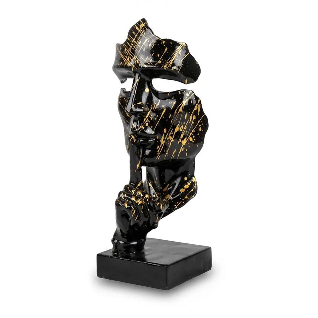 Abstract Gezicht Masker Zwart Goud Splash 42cm Decoratie Op Voet