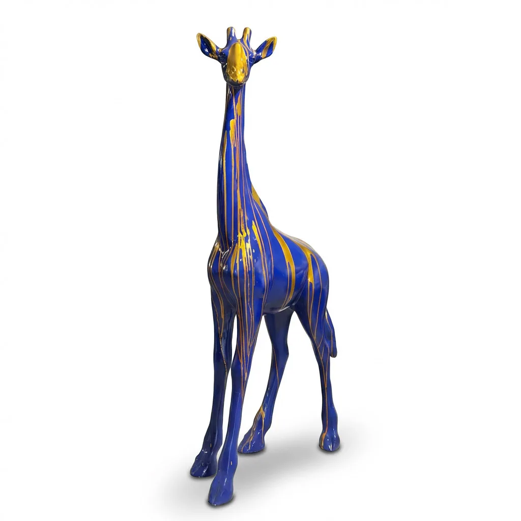 Giraf Beeld Groot Staand 180cm Blauw Goud Dripart - Decoratie