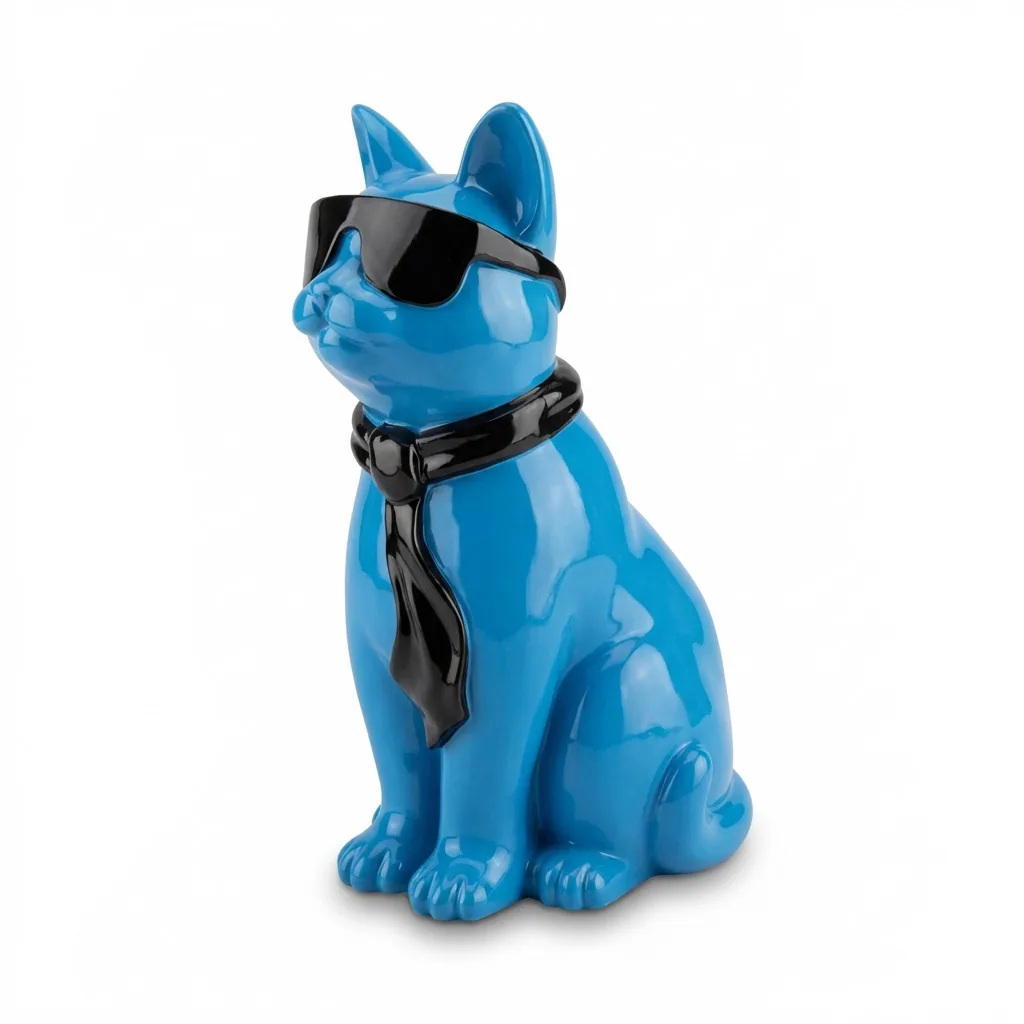 Kattenfiguur Beeld Blauw Zwart 40cm Zonnebril Sjaal – Decoratief Beeld Woonkamer Interieur