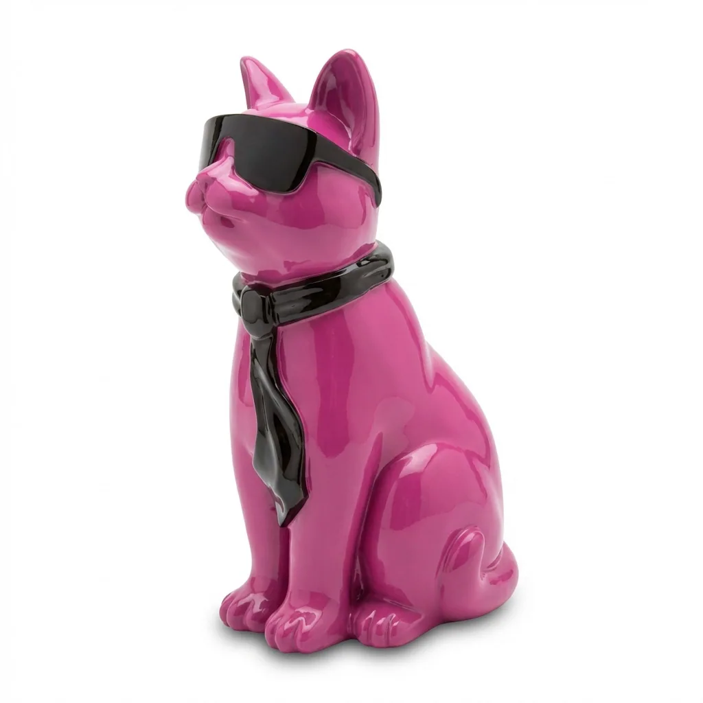 Kattenfiguur Beeld Fuchsia Zwart 40cm Zonnebril Sjaal – Decoratief Beeld Woonkamer Interieur