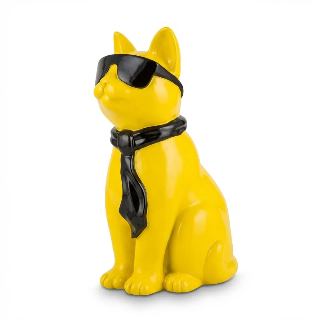 Kattenfiguur Beeld Geel Zwart 40cm Zonnebril Sjaal – Decoratief Beeld Woonkamer Interieur