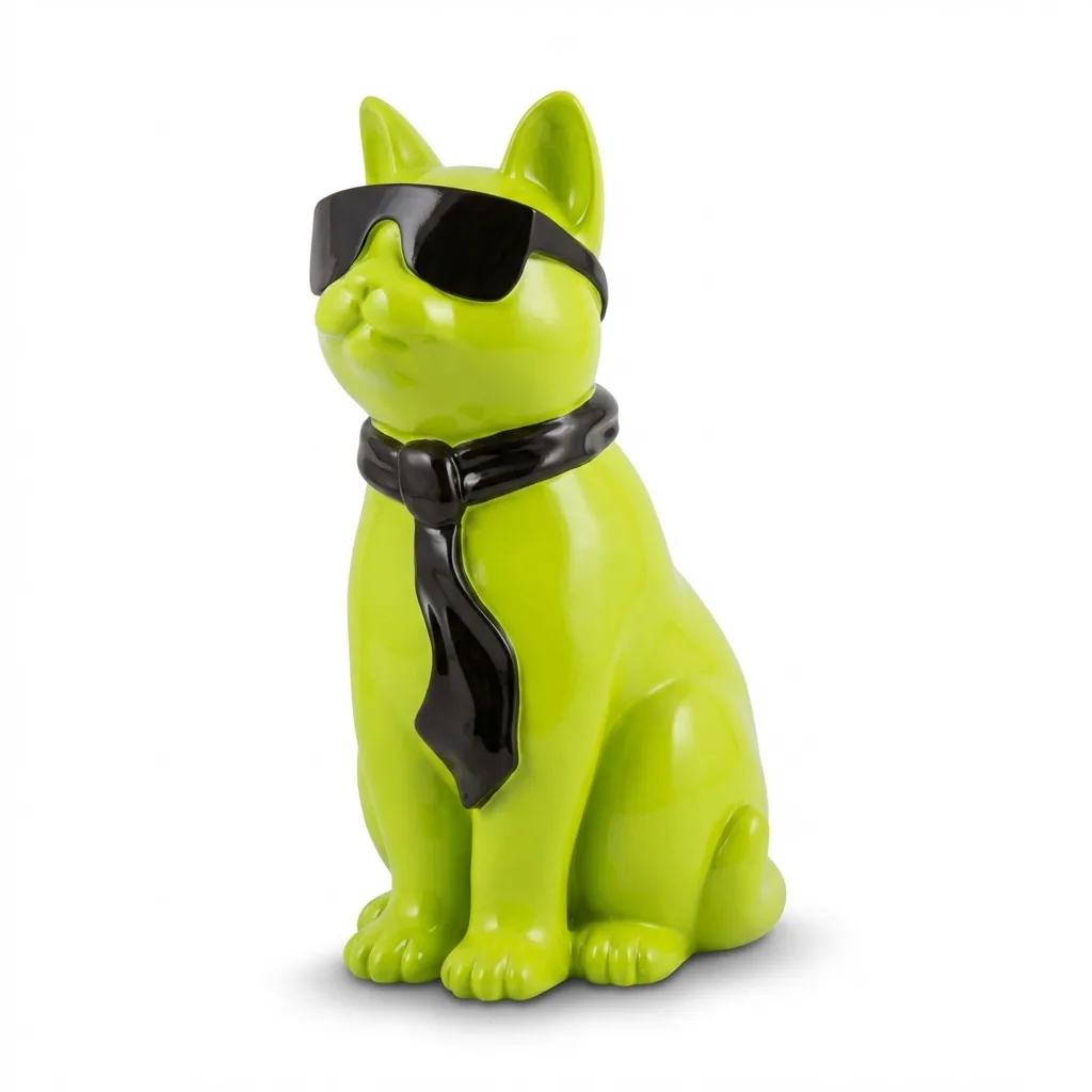 Kattenfiguur Beeld Geel Zwart 40cm Zonnebril Sjaal – Decoratief Beeld Woonkamer Interieur