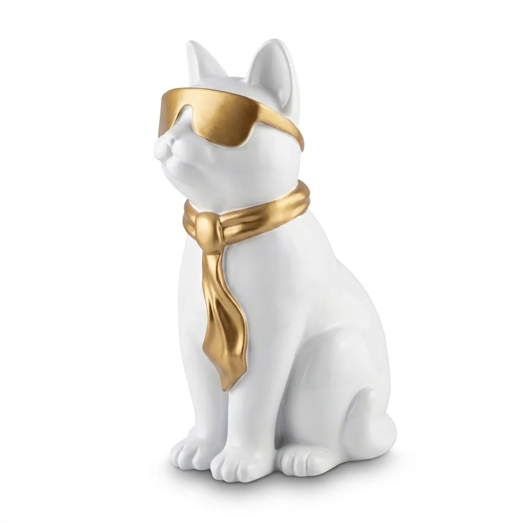 Kattenfiguur Beeld Goud Wit 40cm Zonnebril Sjaal – Decoratief Beeld Woonkamer Interieur