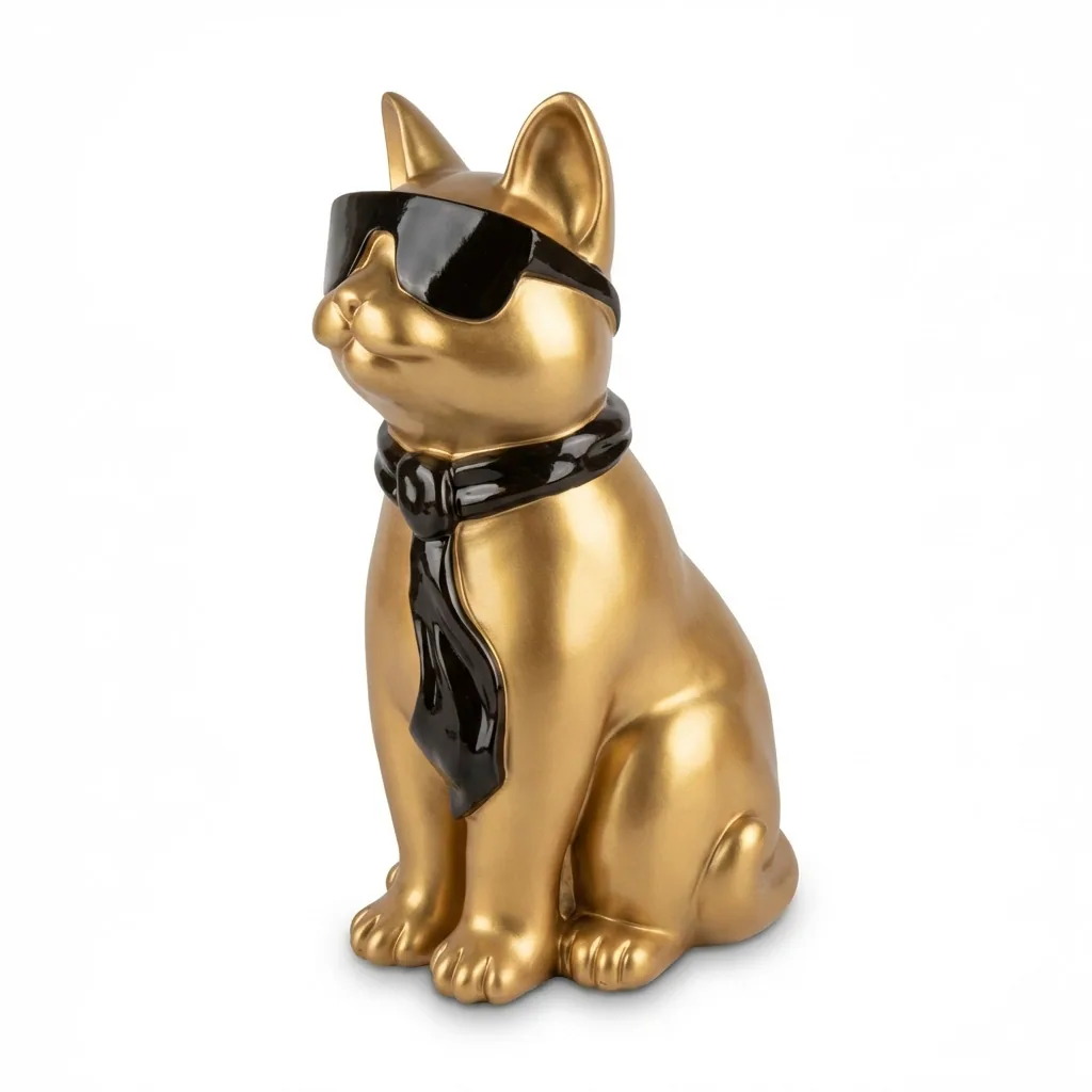 Kattenfiguur Beeld Goud Zwart 40cm Zonnebril Sjaal – Decoratief Beeld Woonkamer Interieur