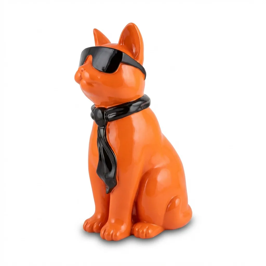 Kattenfiguur Beeld Oranje Zwart 40cm Zonnebril Sjaal – Decoratief Beeld Woonkamer Interieur