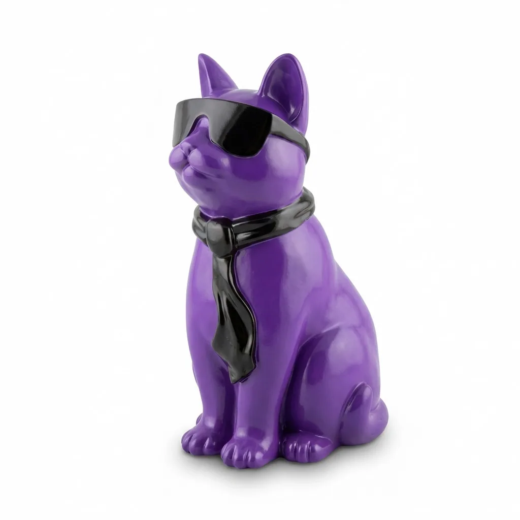 Kattenfiguur Beeld Paars Zwart 40cm Zonnebril Sjaal – Decoratief Beeld Woonkamer Interieur