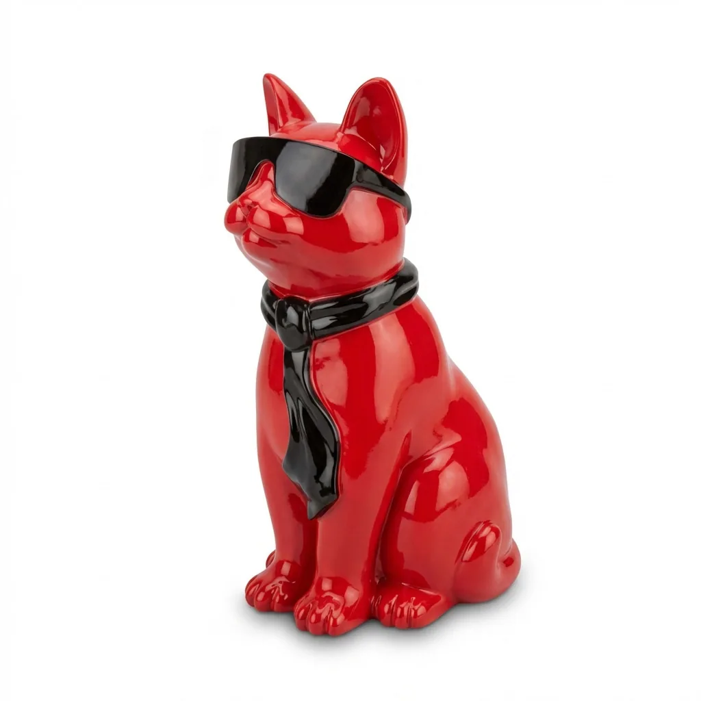 Kattenfiguur Beeld Rood Zwart 40cm Zonnebril Sjaal – Decoratief Beeld Woonkamer Interieur