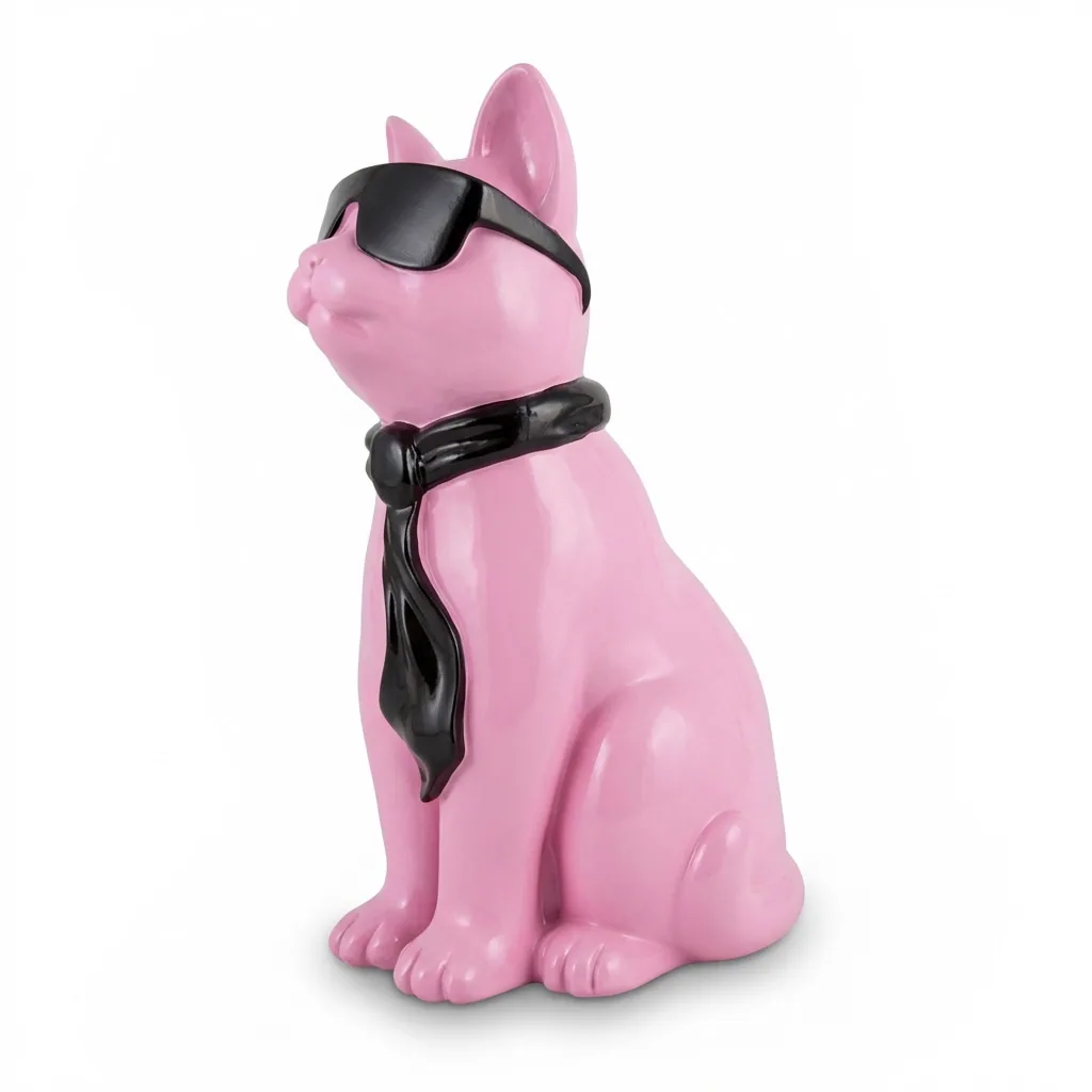 Kattenfiguur Beeld Roze Zwart 40cm Zonnebril Sjaal – Decoratief Beeld Woonkamer Interieur