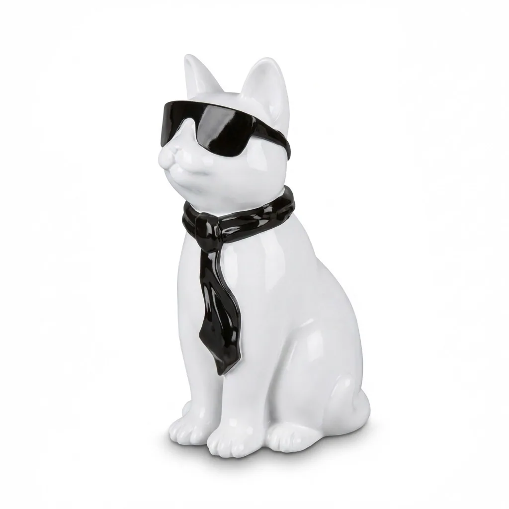 Kattenfiguur Beeld Wit Zwart 40cm Zonnebril Sjaal – Decoratief Beeld Woonkamer Interieur