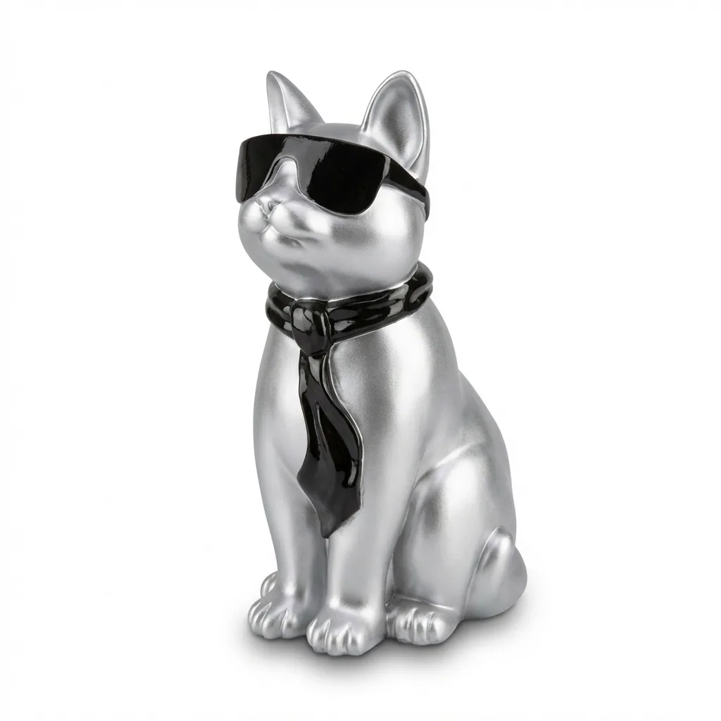 Kattenfiguur Beeld Zilver Zwart 40cm Zonnebril Sjaal – Decoratief Beeld Woonkamer Interieur