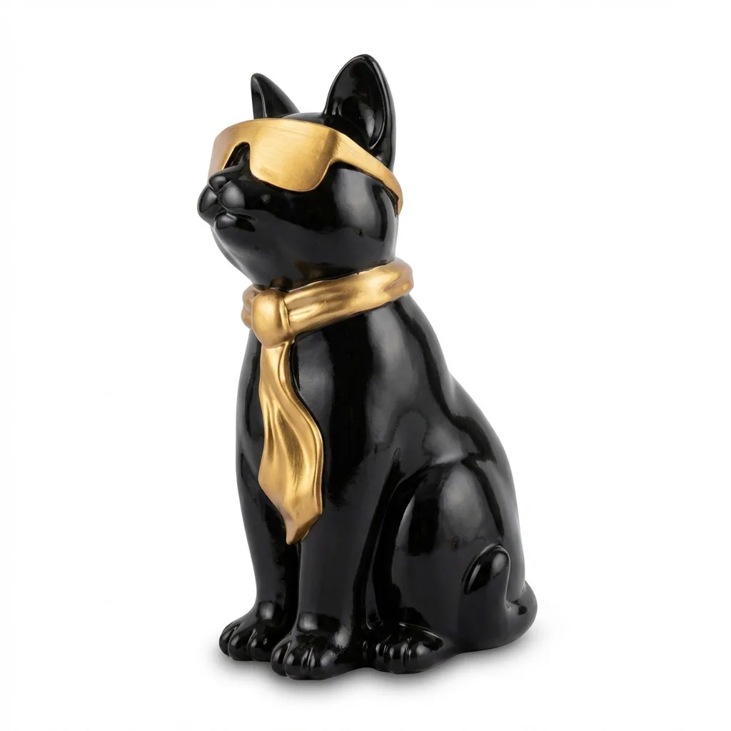 Kattenfiguur Beeld Zwart Goud 40cm Zonnebril Sjaal – Decoratief Beeld Woonkamer Interieur