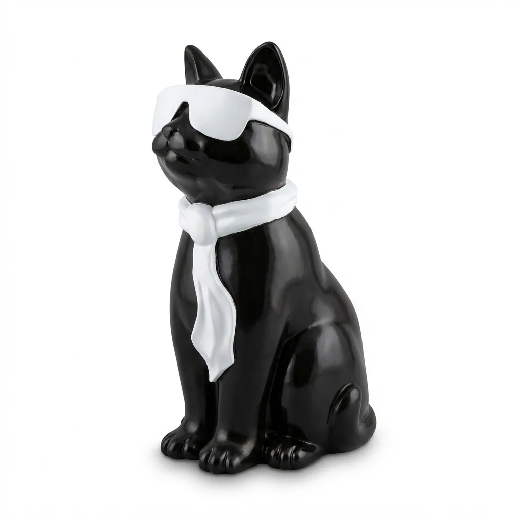 Kattenfiguur Beeld Zwart Wit 40cm Zonnebril Sjaal – Decoratief Beeld Woonkamer Interieur