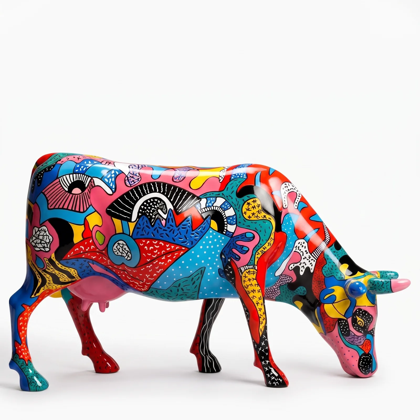 Koe Beeld Groot Tribal Pop – Grazend 140cm