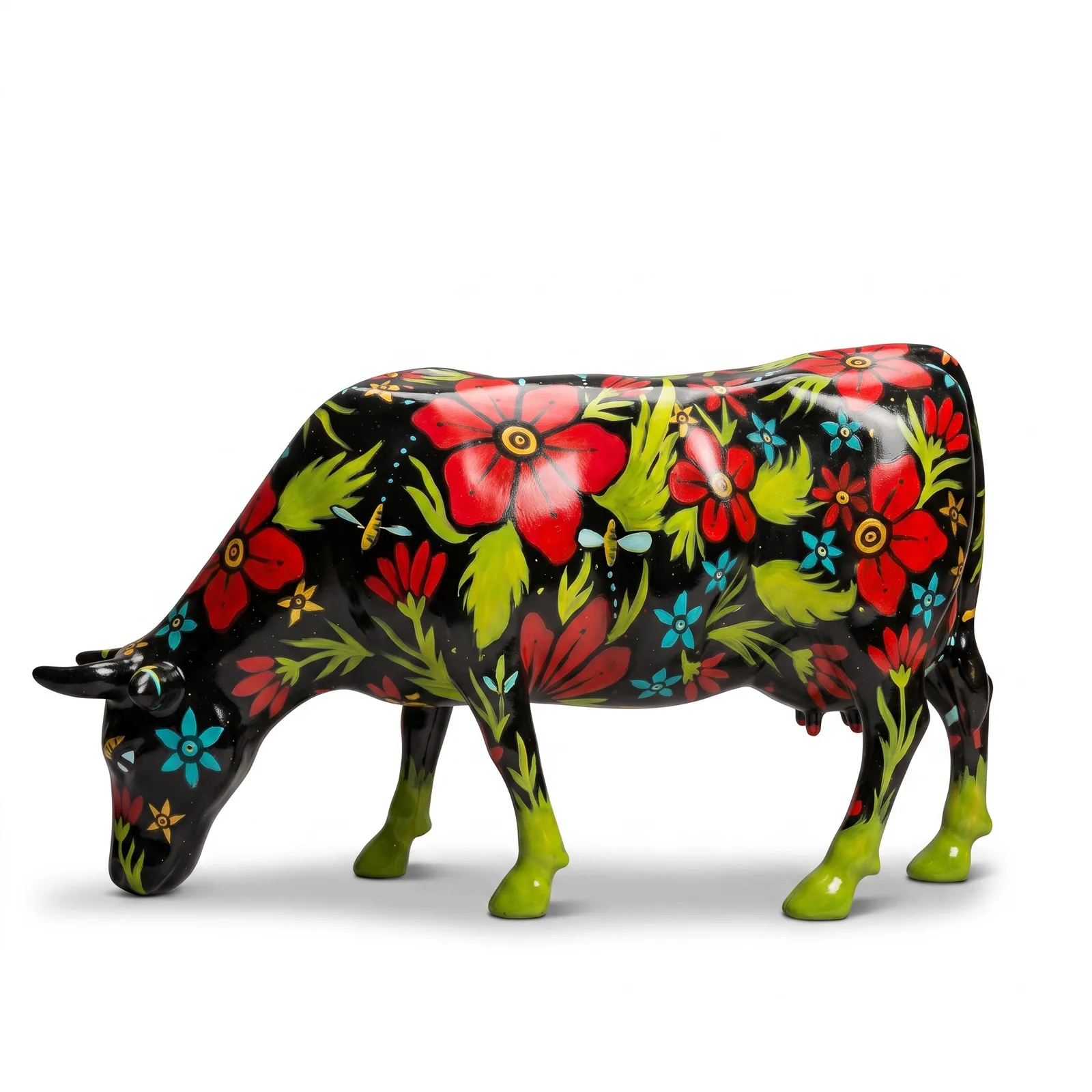 Koe Beeld Groot Zwarte Bloemen – Grazend 140cm