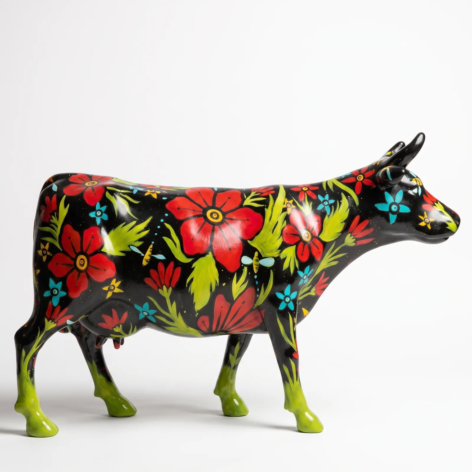 Koe Beeld Groot Zwarte Bloemen – Staand 153cm
