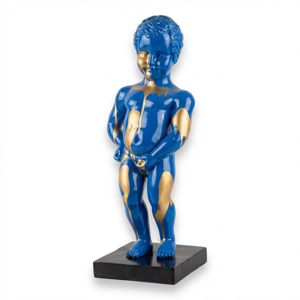 Manneken Pis Beeld Blauw Goud Drip 45cm - Petit Julien Statue - Popart Decoratie