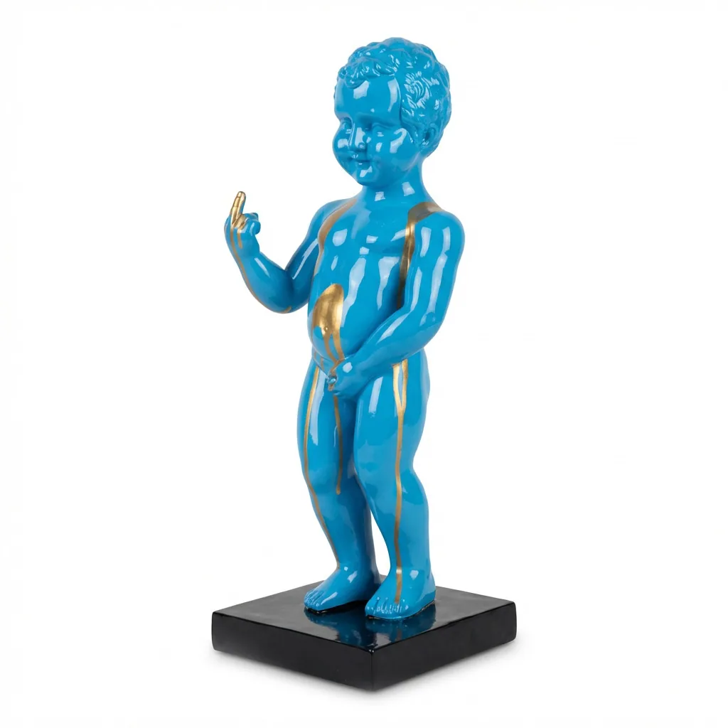 Manneken Pis Beeld Fuck You Blauw Goud Drip 45cm - Petit Julien Statue - Popart Decoratie