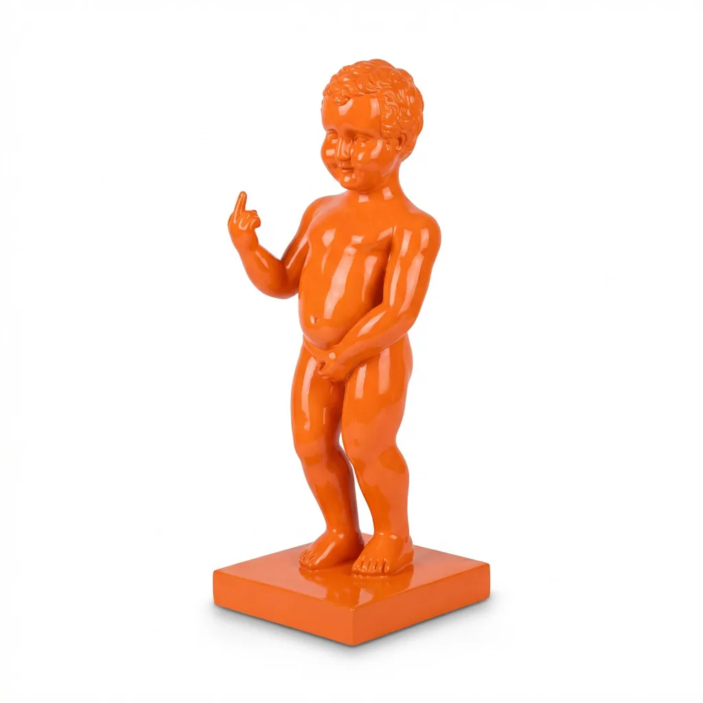 Manneken Pis Beeld Fuck You Kleur Oranje 45cm - Petit Julien Statue - Decoratie