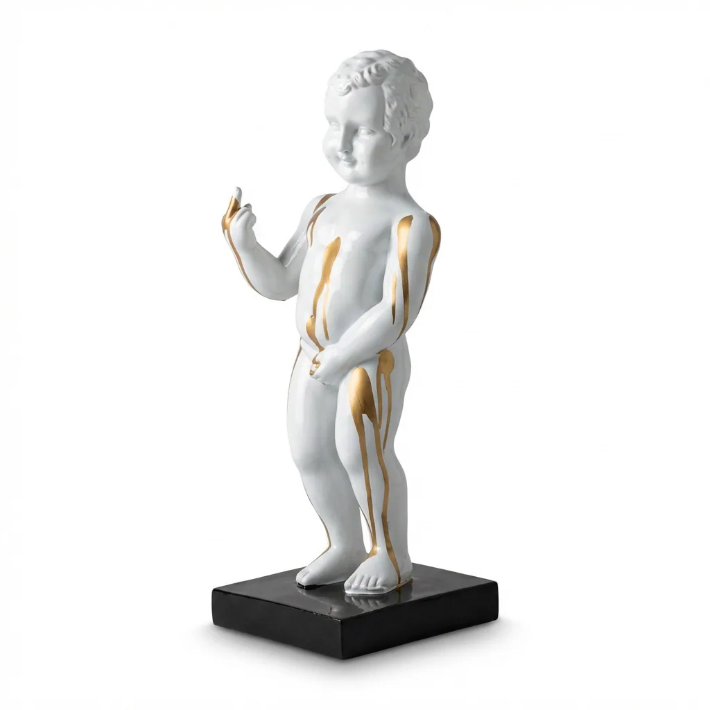 Manneken Pis Beeld Fuck You Wit Goud Drip 45cm - Petit Julien Statue - Decoratie