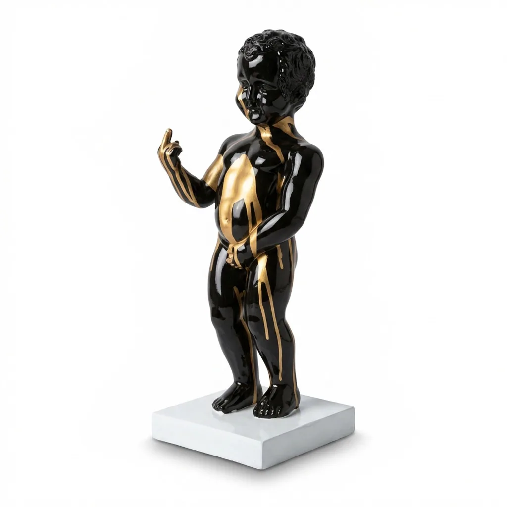 Manneken Pis Beeld Fuck You Zwart Goud Drip 45cm - Petit Julien Statue - Decoratie