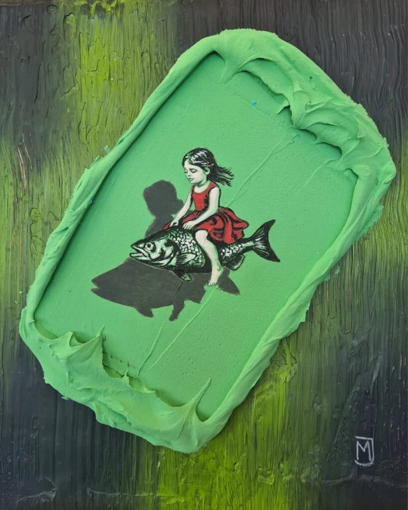 MXJ - Riding on the Fish - Schilderij 24x30cm Origineel Kunstwerk
