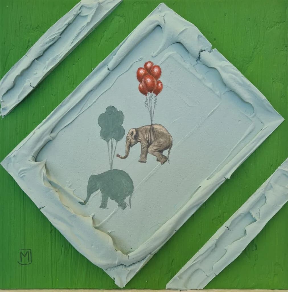 MXJ - The Elephant's Flight - Schilderij 25x25cm Origineel Werk