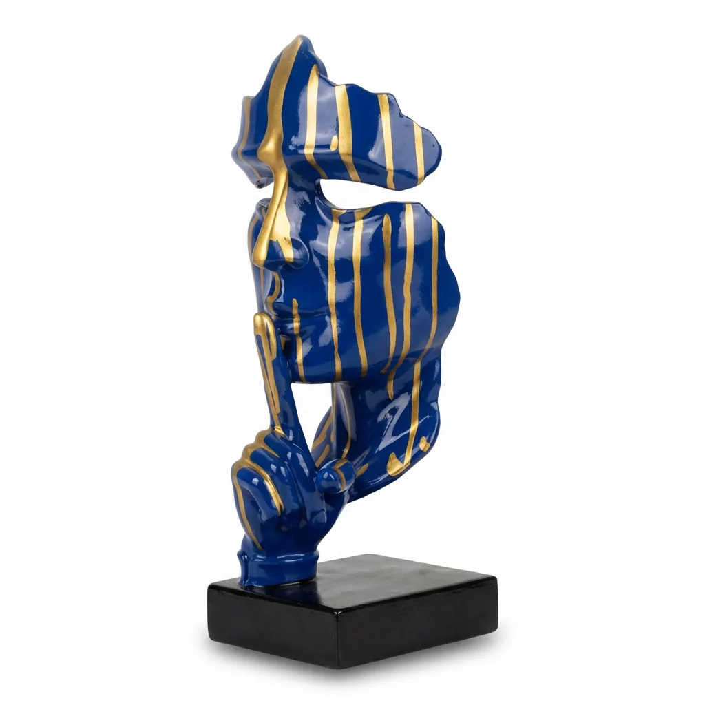 Stilte Gezicht Sculptuur Blauw Goud Drip 42cm - Modern Art Beeld Decoratie Woonkamer