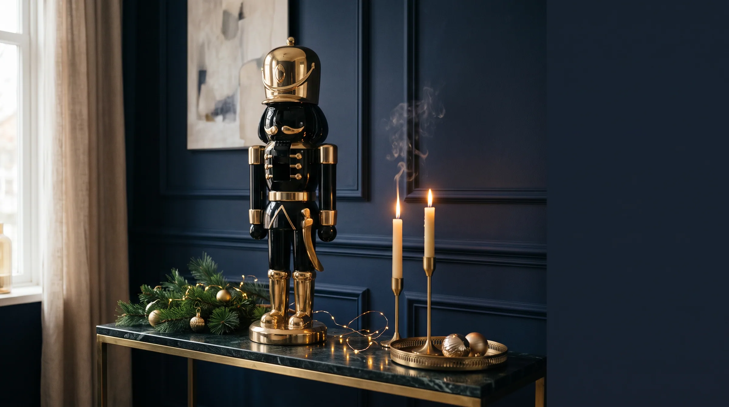 Glanzend zwart-gouden grote notenkraker sculptuur als centerpiece op een marmeren en messing console tafel, gestyled met dennengroen, brass ornamenten en kaarslicht tegen een marineblauwe lambrisering