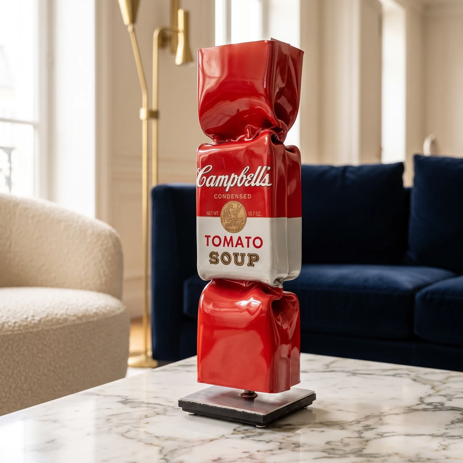 Art Candy Toffee pop-art beeld met Campbell's Tomato Soup dessin in rood-wit op een marmeren salontafel voor een marineblauwe bank — Fourdomus decoratie met een knipoog naar Warhol.