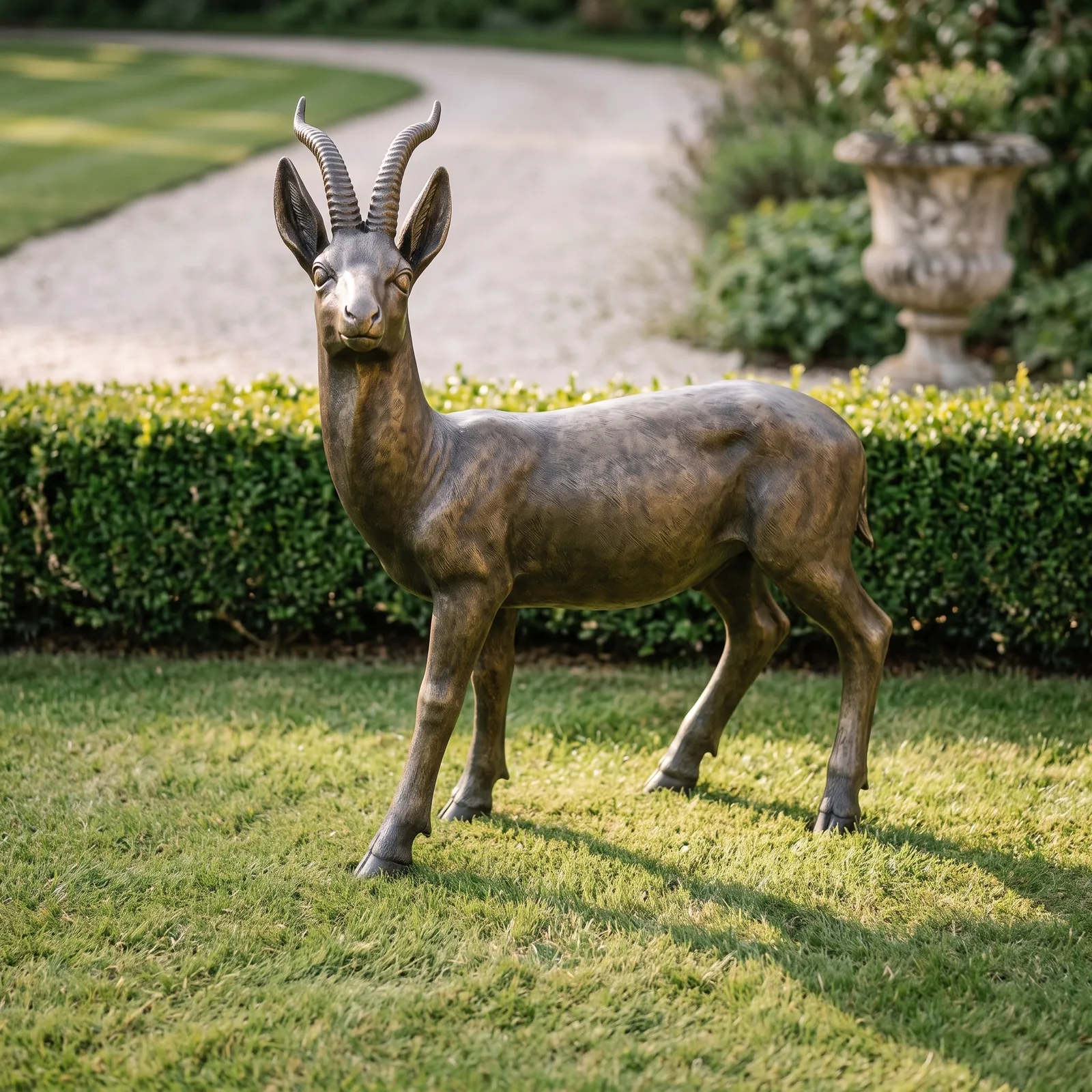Bronskleurige antilope van 125 cm als tuinbeeld, sfeerbeeld in interieur