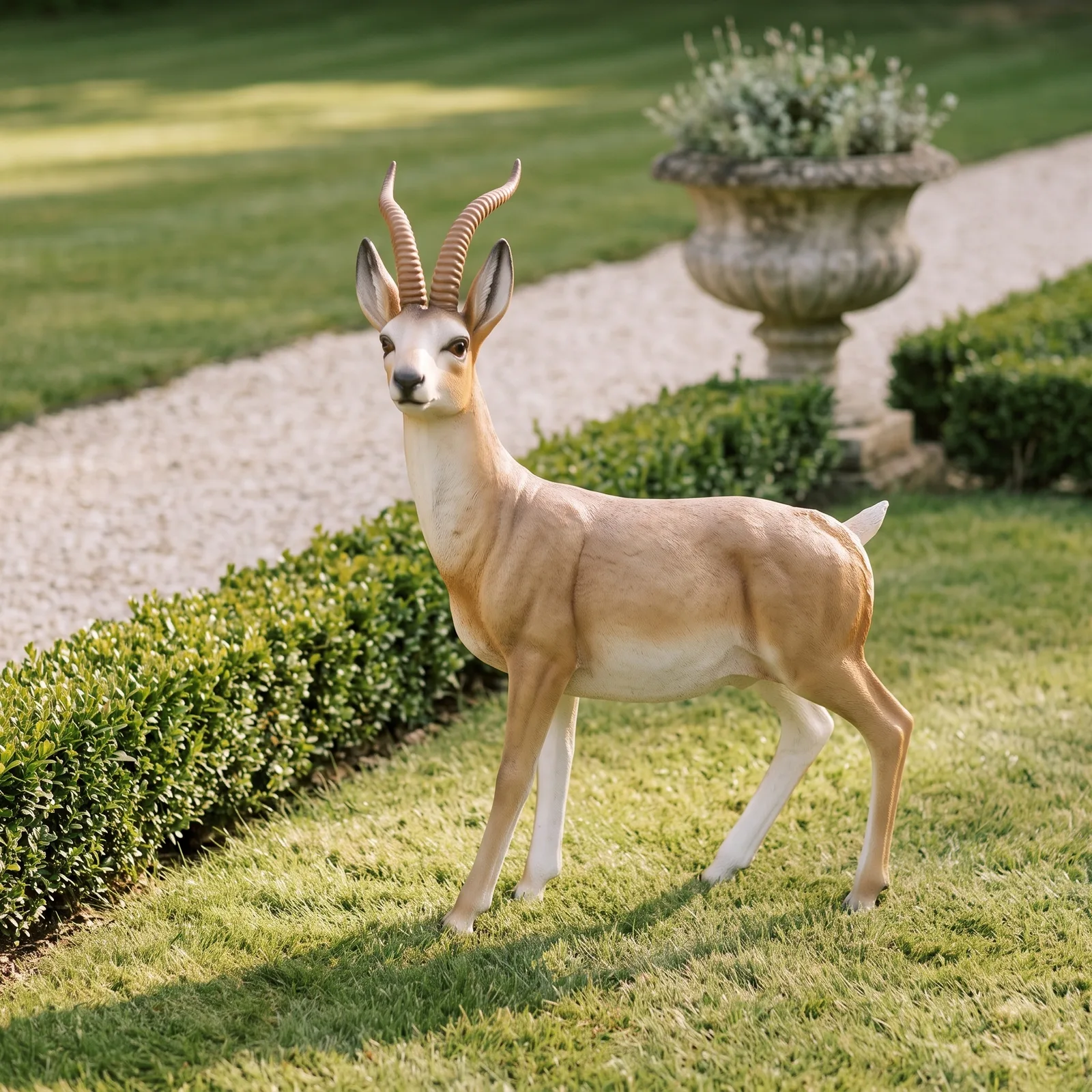 Antilope in natuurlijke kleuren van 125 cm, sfeerbeeld in interieur als tuinbeeld