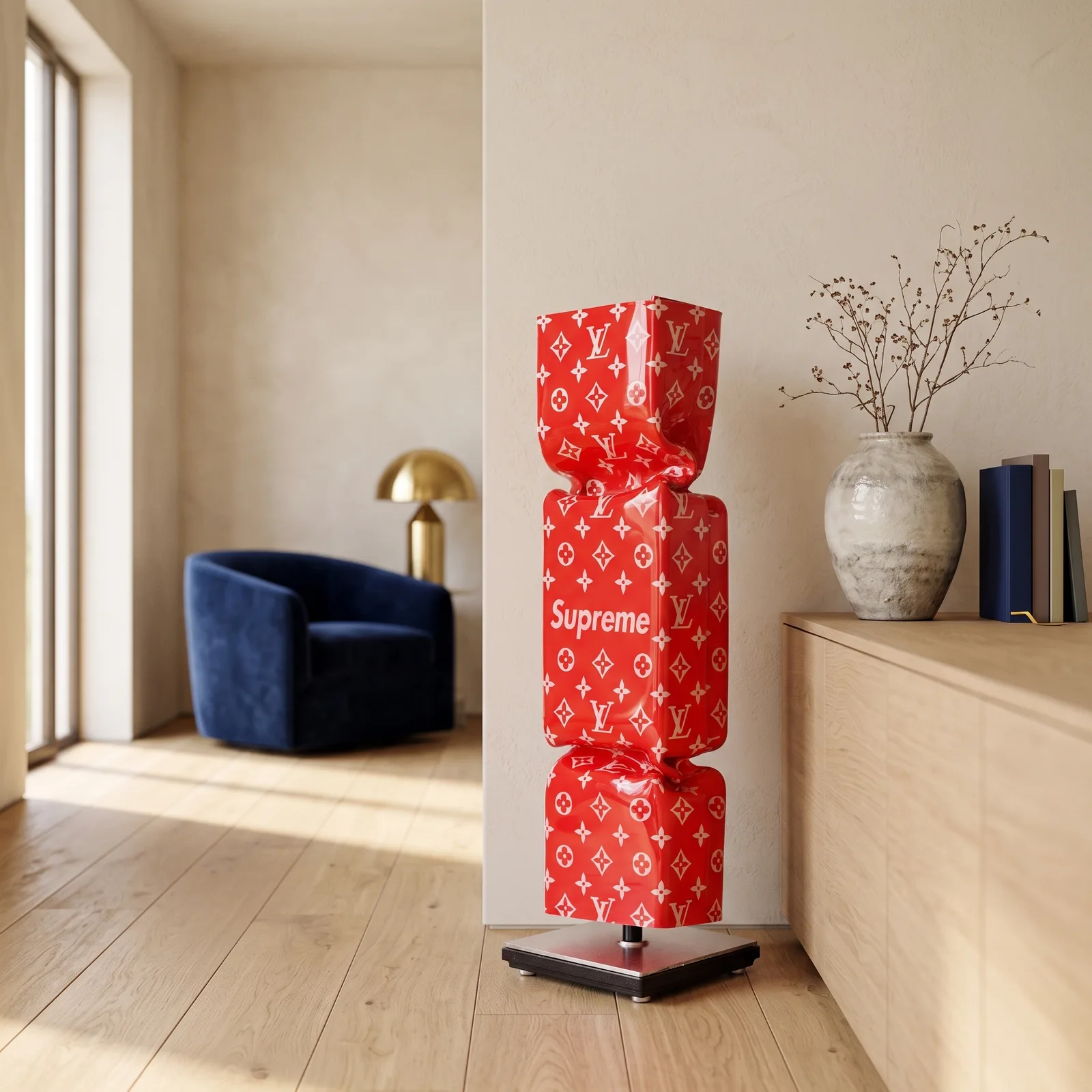 Art Candy Toffee Hommage to Louis Vuitton Supreme Rood – Ad van Hassel — sfeerbeeld in interieur