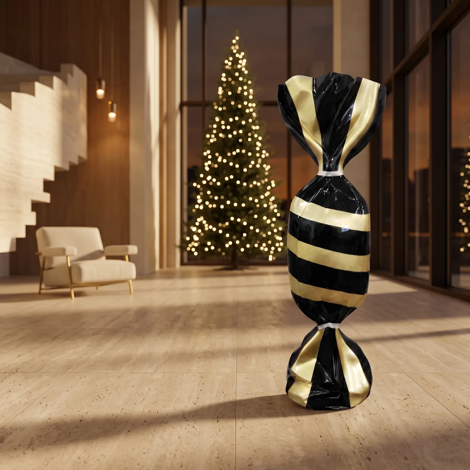 Art Candy lolly van 100 cm in zwart en goud, sfeerbeeld in interieur als kerstdecoratie