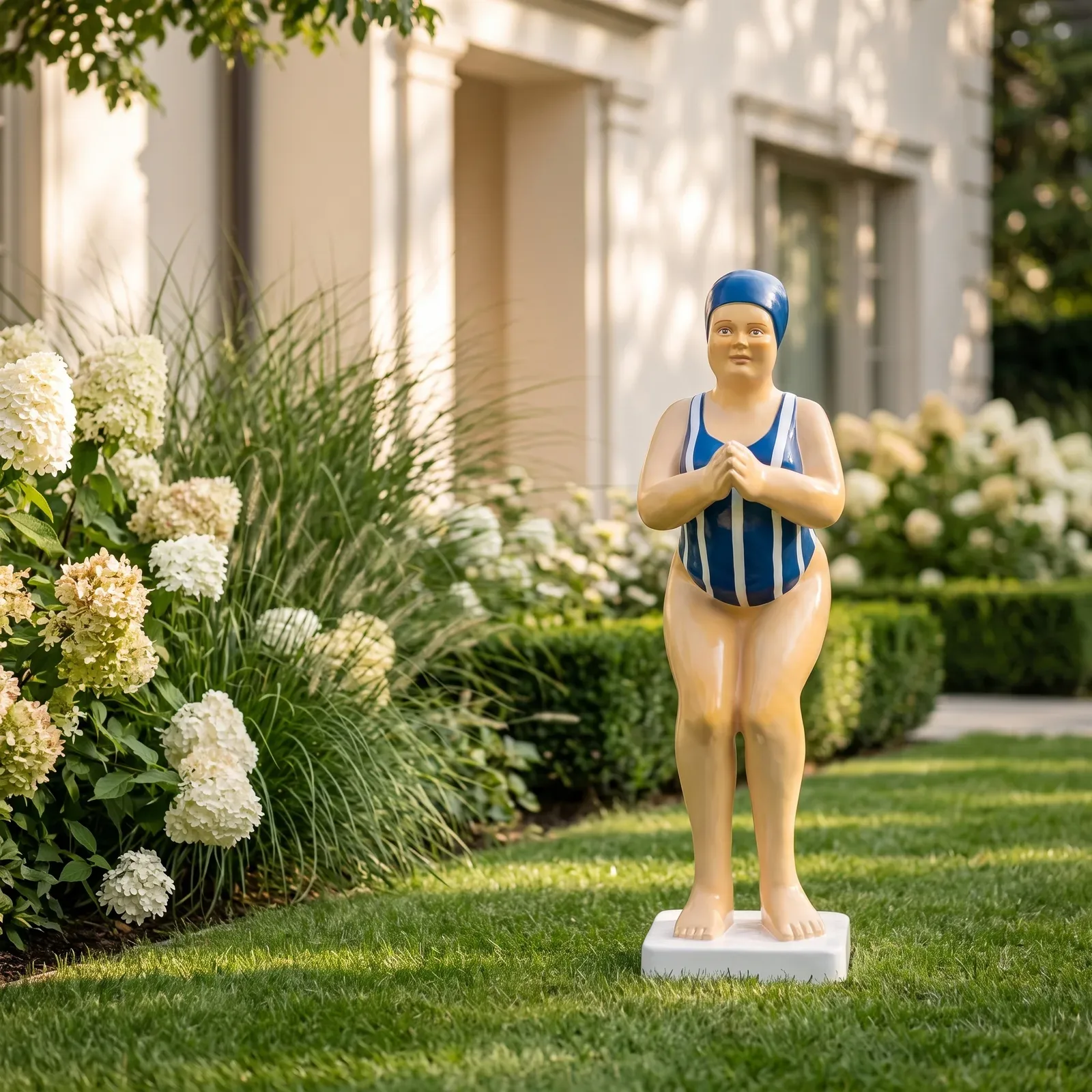 Duikende Dame Beeld 110cm – Blauw met Witte Strepen Tuinbeeld — sfeerbeeld in de tuin