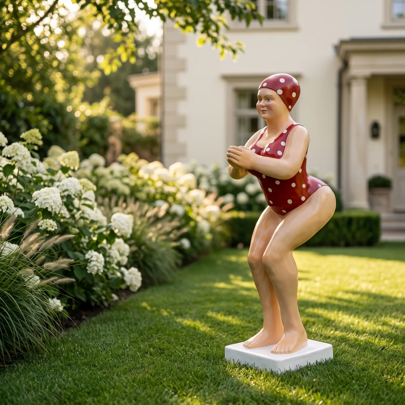 Duikende Dame Beeld 110cm – Rood met Witte Bollen Tuinbeeld — sfeerbeeld in de tuin