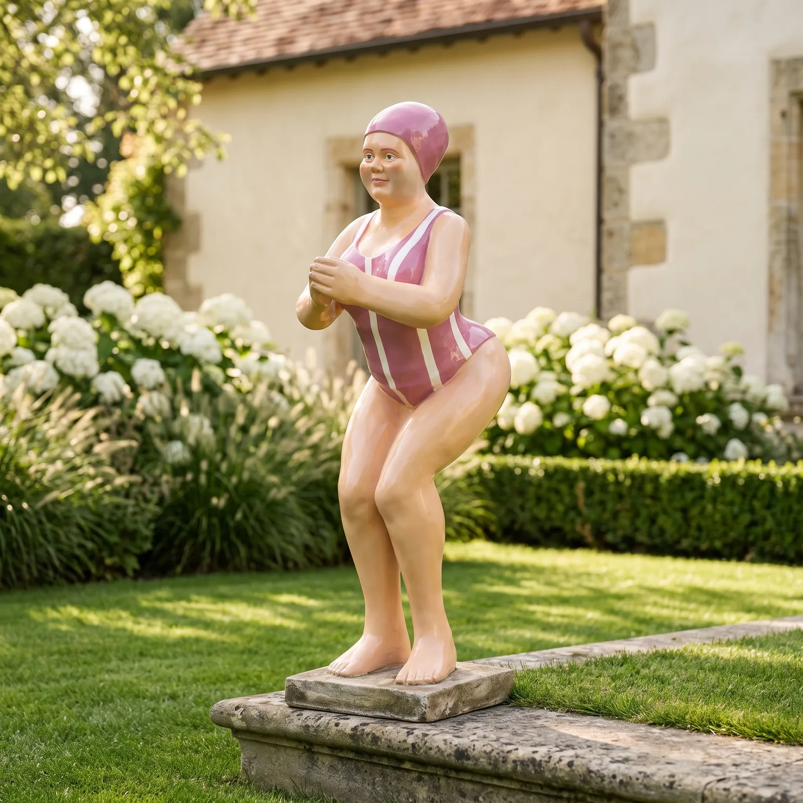Duikende Dame Beeld 110cm – Roze met Witte Strepen Tuinbeeld — sfeerbeeld in de tuin
