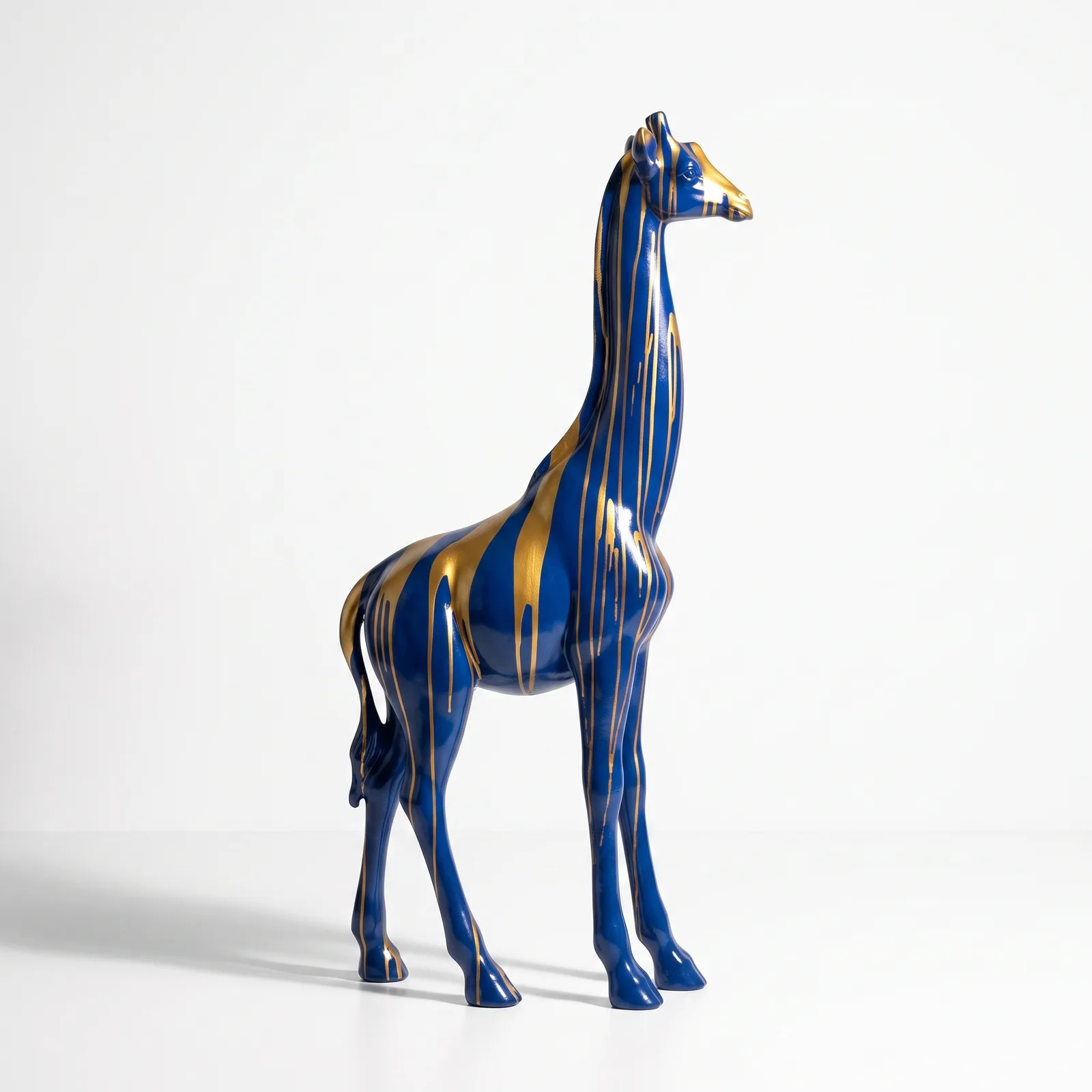 Giraf Beeld Groot Staand 180cm Blauw Goud Dripart - Decoratie
